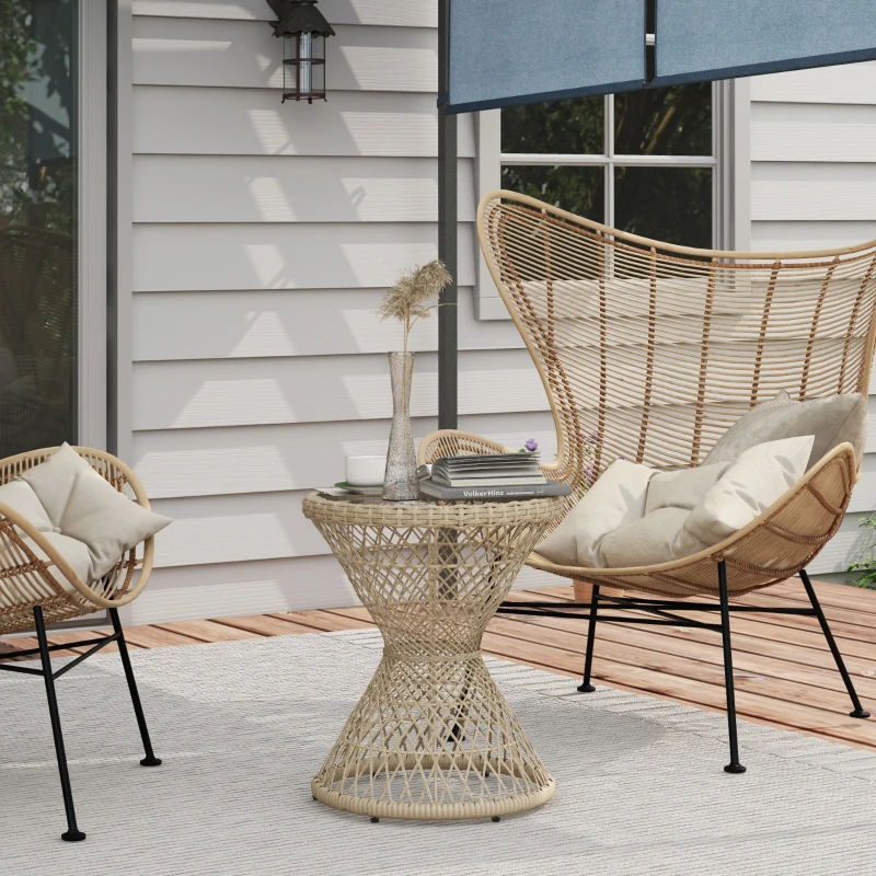 Outsunny Wicker Outdoor Coffee Table, 18" Round Drum-Style Outdoor Patio Table with Tempered Glass Top, Light Brown