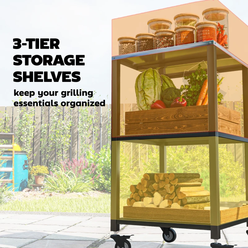 Outsunny Outdoor Grill Cart, Pizza Oven Stand with Stainless Steel Top, 3-Tier Rolling Kitchen Prep Station with Wheels, Black