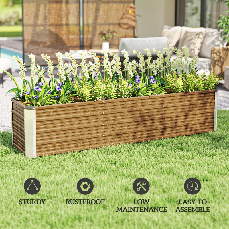 Outsunny 6' x 1.5' x 1.3' Galvanized Raised Garden Bed, Elevated Large Metal Planter Box w/ Install Gloves, Brown Wood Effect