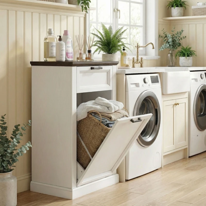 HOMCOM 10 Gallon Trash Can Cabinet with Drawer, Farmhouse Tilt Out Garbage Cabinet Laundry Hamper, White Wood Effect