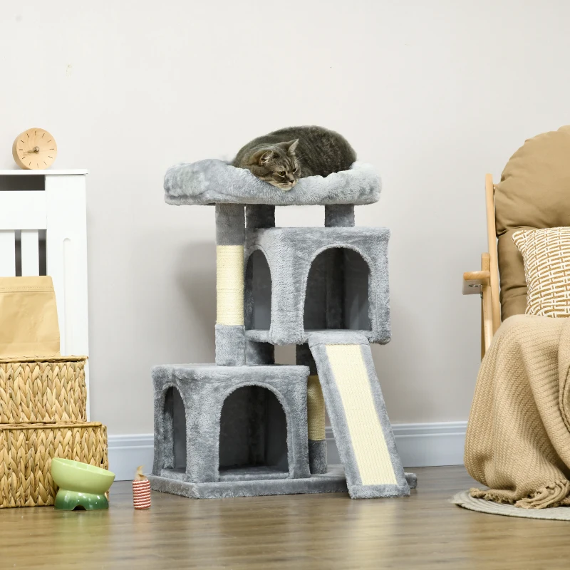 PawHut Plush Cat Tree Tower Activity Center with Sisal Scratching Post Scratching Board Perch Condo, Light Grey