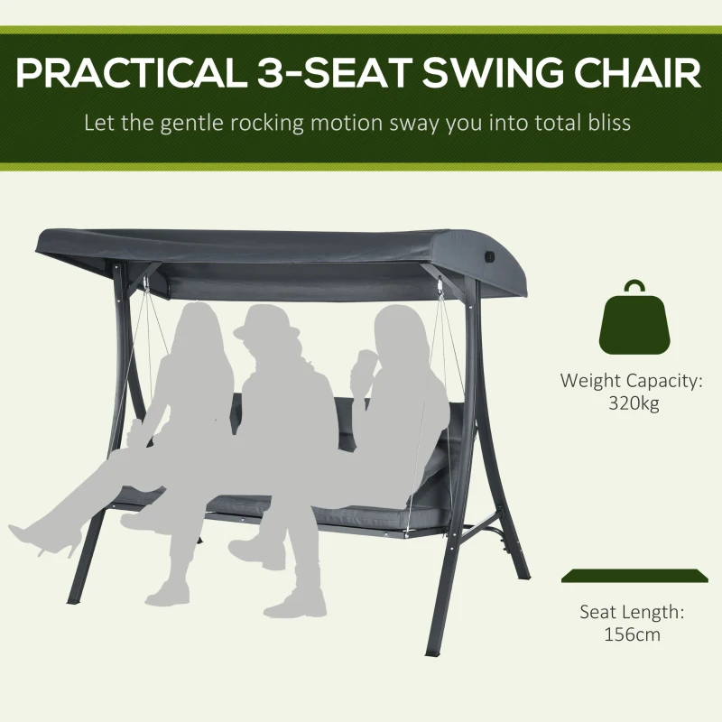 Outsunny 3-Person Patio Swing Chair, Outdoor Porch Swing Bench with Adjustable Canopy, Cushioned Seat, Dark Grey