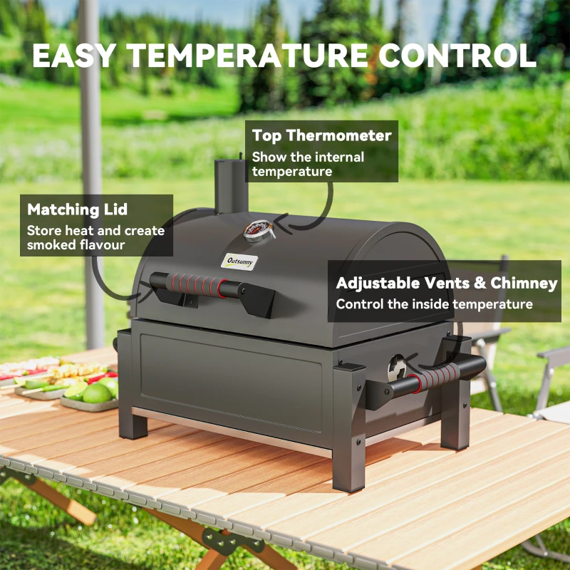 Outsunny Tabletop Charcoal Smoker, Portable BBQ with Ash Catcher and Thermometer for Backyard, Camping, Picnic, Black
