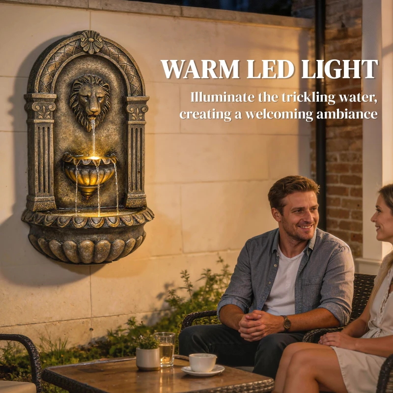 Outsunny 31" Wall-Mounted 3-Tier Outdoor Fountain, Cascading Waterfall Feature with LED Lights and Adjustable Flow, Rustic Brown