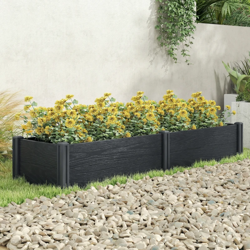 Outsunny Vinyl Raised Garden Bed Kit, 6.5 x 2 x 1ft Elevated Garden Box with Divider and Open Bottom, Grey Wood Effect