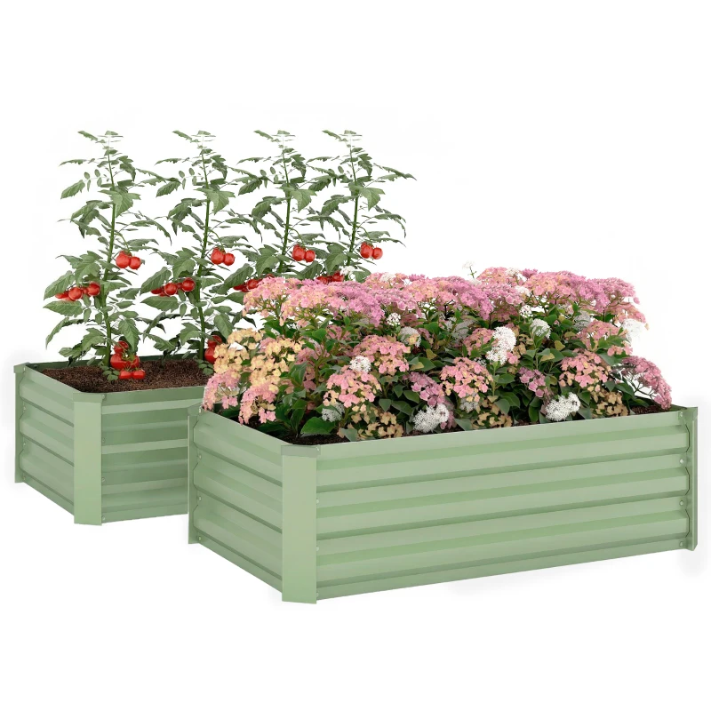 Outsunny Set of 2 Galvanized Raised Beds for Garden, Outdoor Planter Box for Flowers, Herbs and Vegetables, Light Green