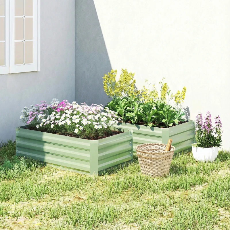 Outsunny Set of 2 Galvanized Raised Beds for Garden, Outdoor Planter Box for Flowers, Herbs and Vegetables, Light Green