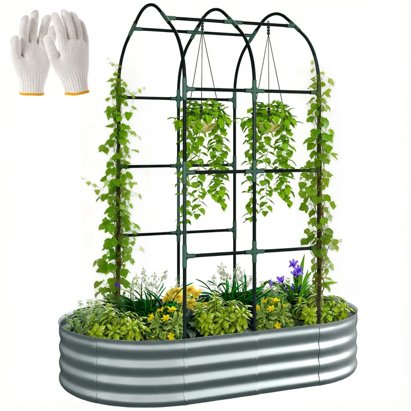 Outsunny Galvanised Raised Garden Bed with Arched Trellis, 5 x 3 x 6ft Metal Outdoor Planter Box with Open Bottom, Silver