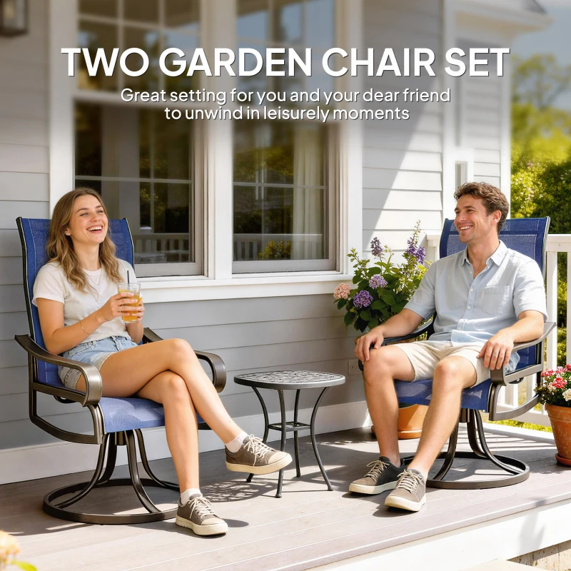 Outsunny Patio Dining Chairs Set of 2, 360° Swivel Rocking Outdoor Chairs with Armrests, Breathable Mesh, Navy Blue