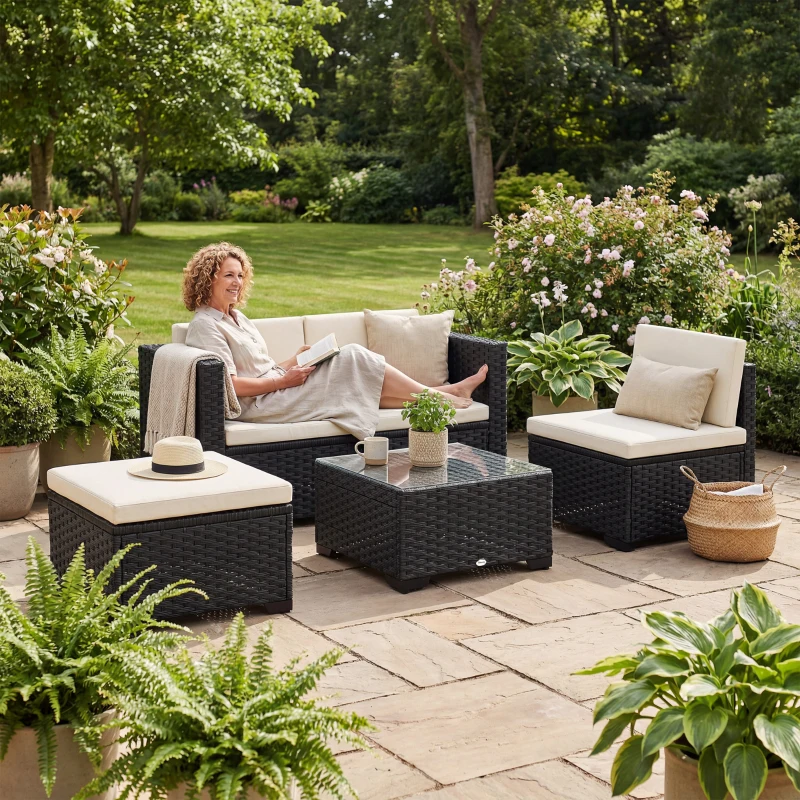 Outsunny 5 Piece Patio Furniture Set, L-Shape Wicker Outdoor Sectional with 3 Chairs, Ottoman, Glass Table, Cushions, Cream