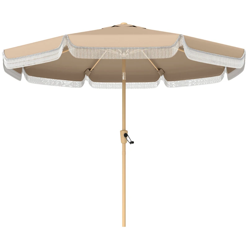 Outsunny 9 ft Patio Umbrella with Push Button Tilt and Crank, Fringed Outdoor Market Table Umbrella Parasol, Khaki