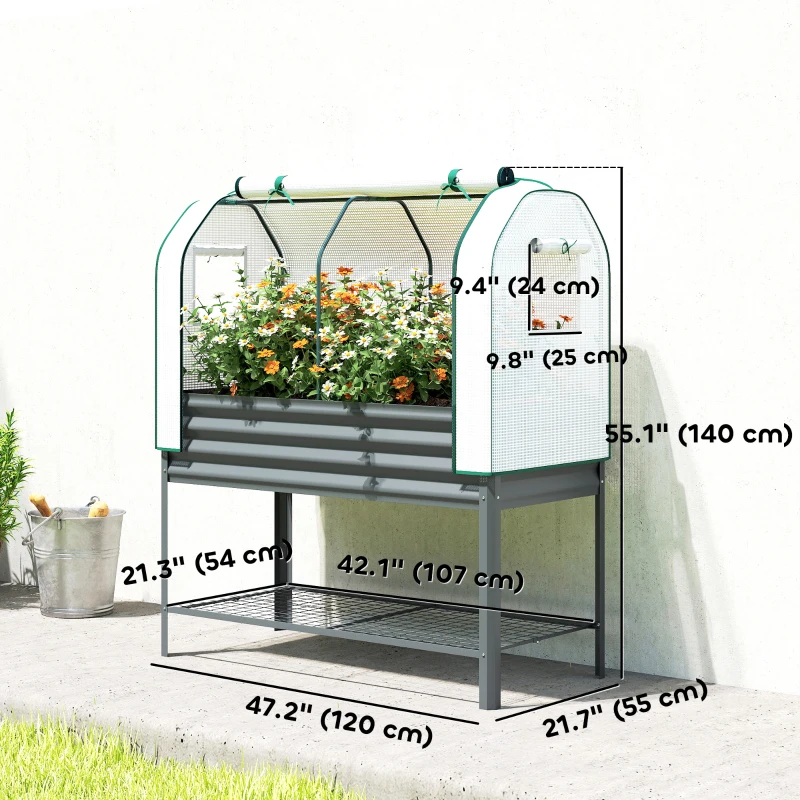 Outsunny Galvanised Raised Garden Bed with Greenhouse Cover, Metal Elevated Planter Box with Bed Liner, Bottom Shelf, Dark Grey