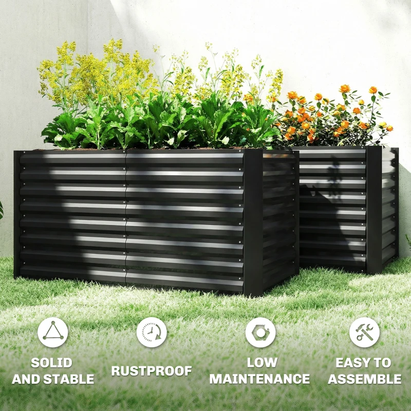 Outsunny Set of 2 Galvanized Metal Planters for Outdoor Plants, 4' x 2' x 2' Raised Garden Bed, Black