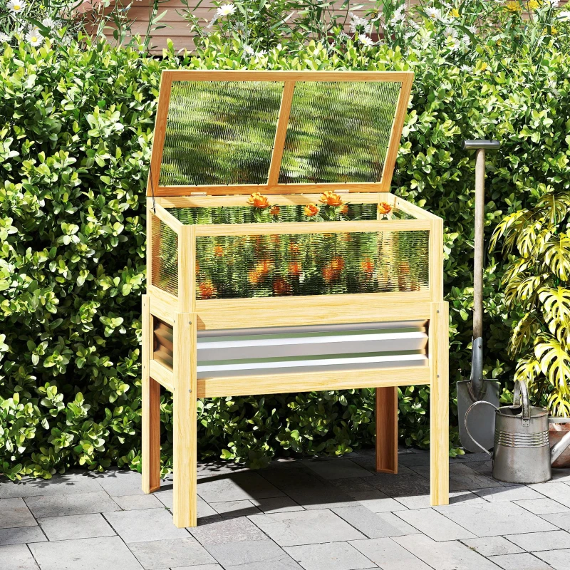 Outsunny Raised Garden Bed with Mini Greenhouse, Elevated Planter Box with Legs and Bed Liner for Flowers, Vegetables