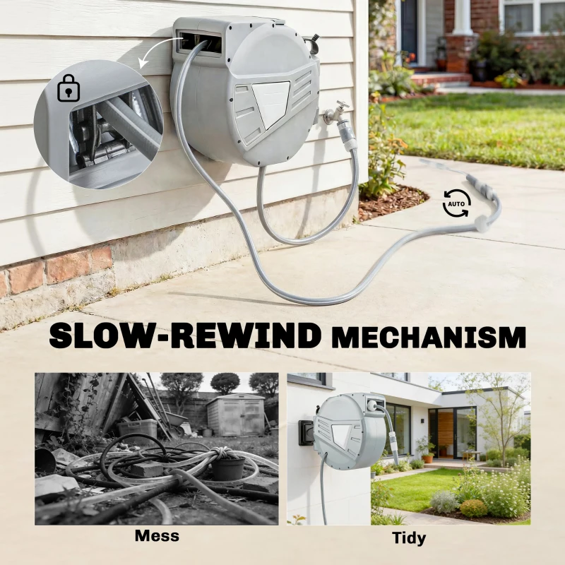 Outsunny Retractable Garden Hose Reel, 1/2" x 98ft Wall Mounted Hose Reel with Auto Retraction, Self-Locking, Grey