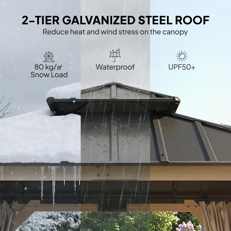 Outsunny 10' x 10' Outdoor Hardtop Gazebo with Double Steel Roof, Wood Patio Gazebo with Curtains, Hook, Light Grey