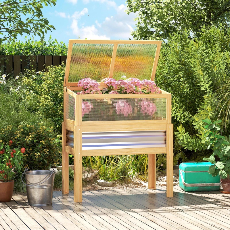 Outsunny Raised Garden Bed with Mini Greenhouse, Elevated Planter Box with Legs and Bed Liner for Flowers, Vegetables