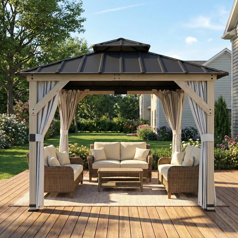 Outsunny 10' x 10' Outdoor Hardtop Gazebo with Double Steel Roof, Wood Patio Gazebo with Curtains, Hook, Light Grey