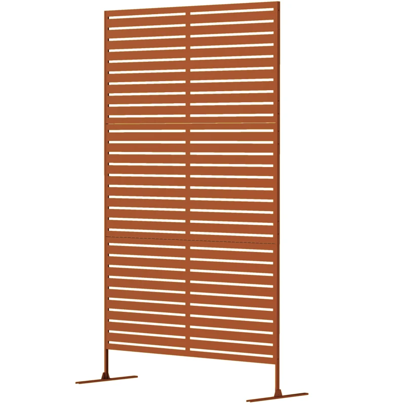 Outsunny Decorative Outdoor Privacy Panel, Freestanding Metal Outdoor Divider with Stand for Garden, Backyard, Deck, Pool, Brown