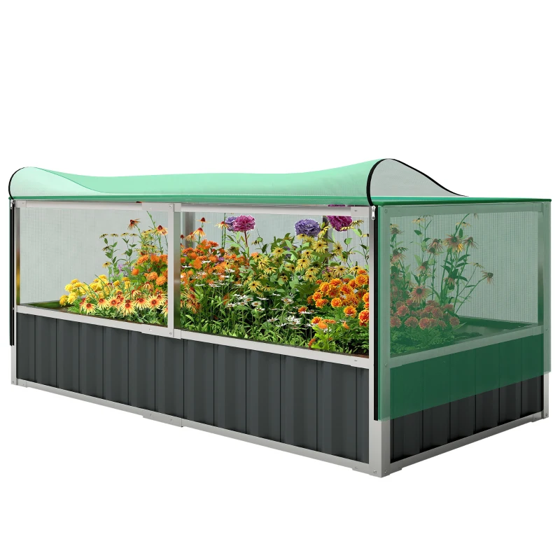 Outsunny Raised Garden Bed, 5.7 x 3 x 2.3ft Steel Planter Box Outdoor with Cover, Gloves, Dark Grey