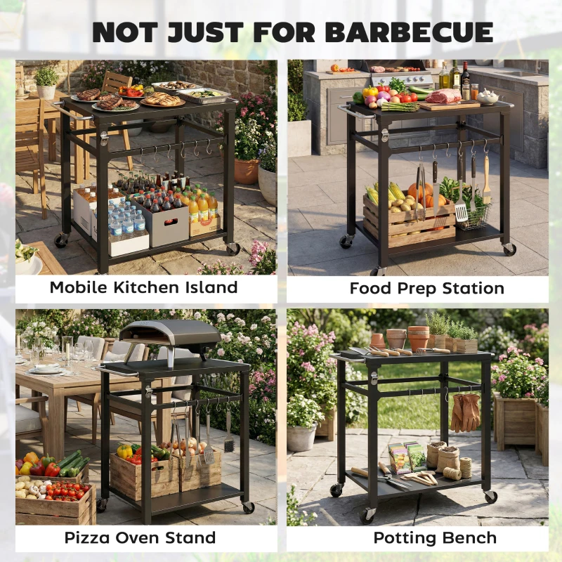 Outsunny Outdoor Grill Cart, Pizza Oven Stand with Steel Top, 2-Tier Kitchen Prep Station with Hooks, Handle, Wheels, Black