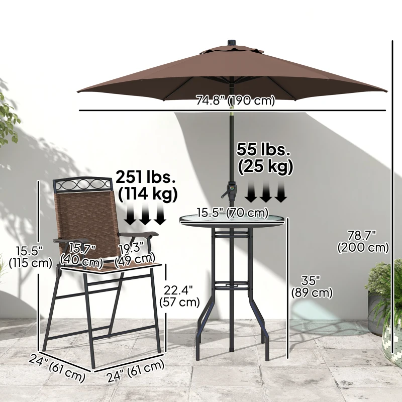 Outsunny 4 Piece Patio Bar Set, Sling Folding Outdoor Furniture with Umbrella for Poolside, Backyard and Garden, Brown