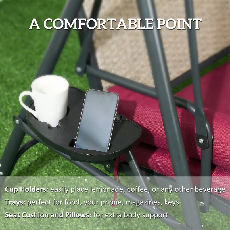 Outsunny Outdoor 3-Seat Porch Swing with Canopy, Rattan Seat, Removable Cushion, Pillows and Steel Frame