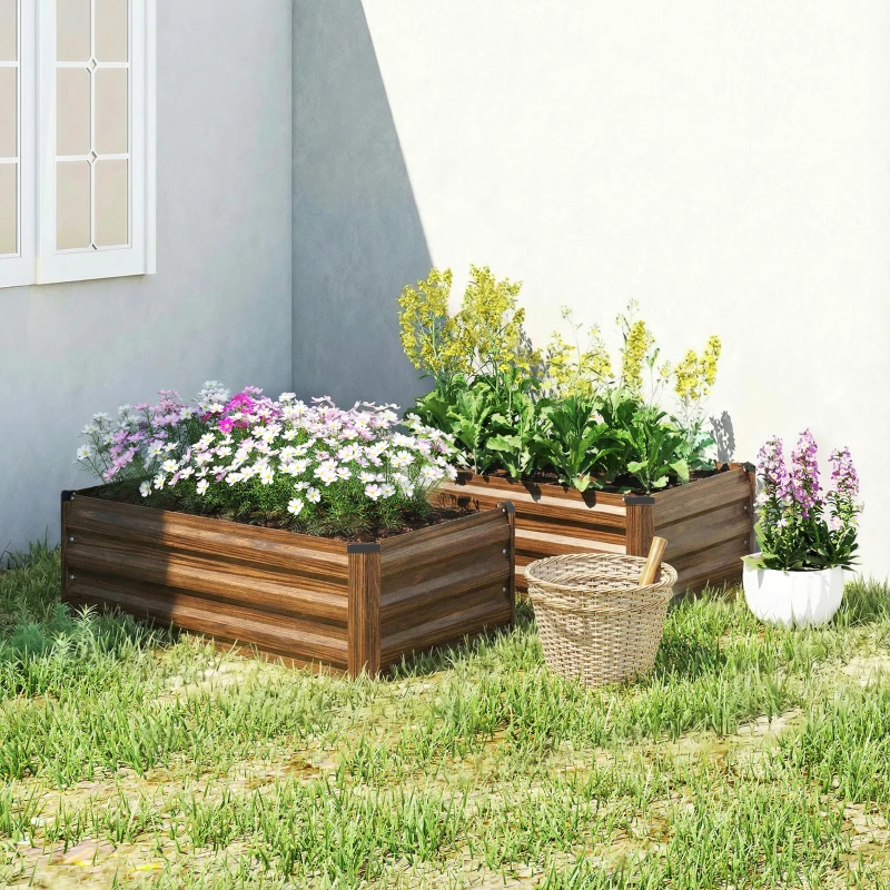 Outsunny Set of 2 Galvanized Raised Beds for Garden, Outdoor Planter Box for Flowers, Herbs and Vegetables, Dark Brown