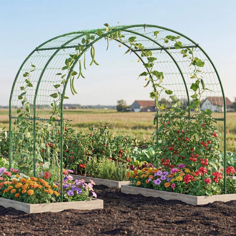 Outsunny Garden Arch Trellis for Climbing Plants Outdoor, 7.1FT Tall Cucumber Trellis with Climbing Net for Backyard, Lawn