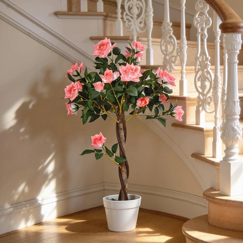Outsunny 3FT Artificial Plant Pink Rose Floral in Pot, Fake Plant for Home Indoor Decor