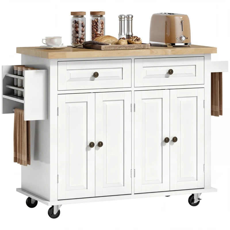 HOMCOM Kitchen Island Cart with Rubber Wood Top, Rolling Kitchen Island Table on Wheels with Drawers, Adjustable Shelves, Spice Rack and Towel Rack for Dining Room, White