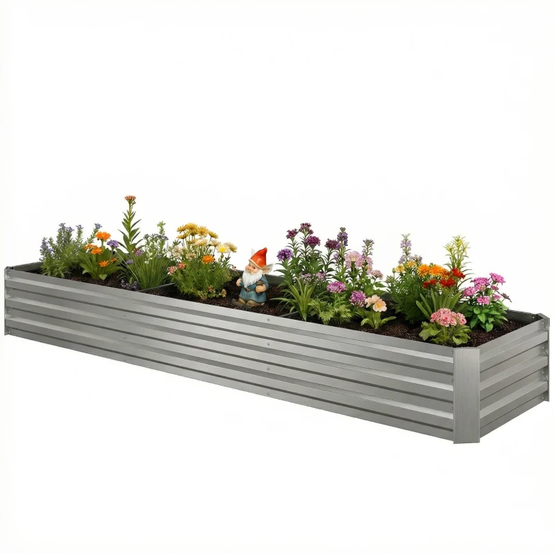 Outsunny 8'x2'x1' Galvanized Raised Bed, Large Elevated Planter Box for Growing Flowers, Herbs and Vegetables, Silver