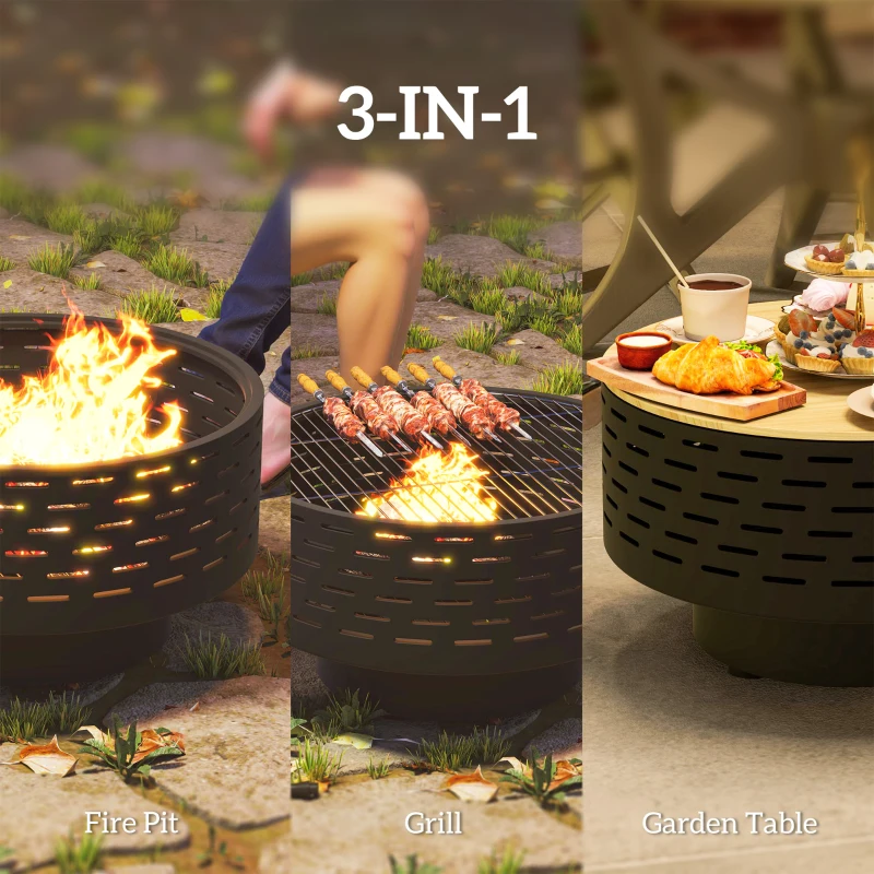 Outsunny 3-in-1 Fire Pit Φ23.8" x 15.4" Stainless Steel Outdoor Fire Bowl with Wood-Effect Fire Basket