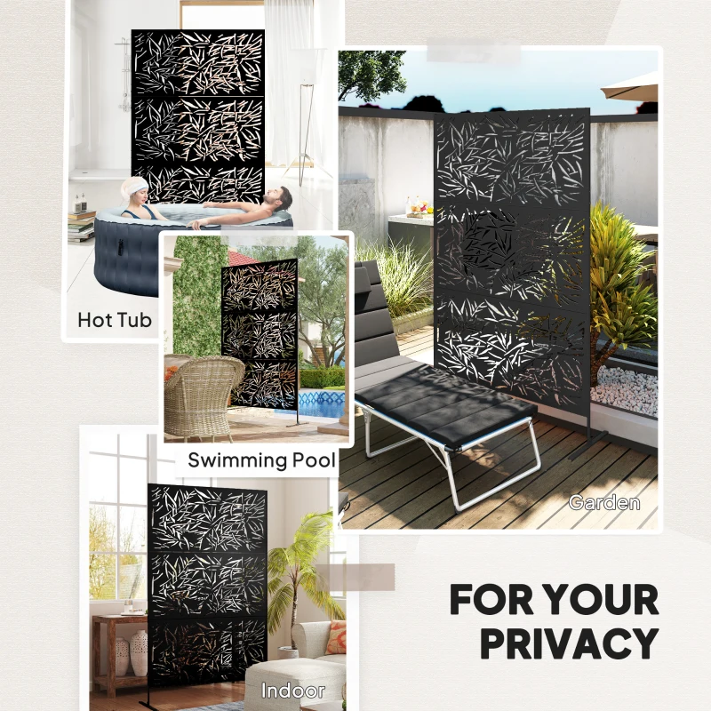 Outsunny Metal Outdoor Privacy Screen, Freestanding Outdoor Divider with Stand, Decorative Privacy Panel, 78" x 48", Black