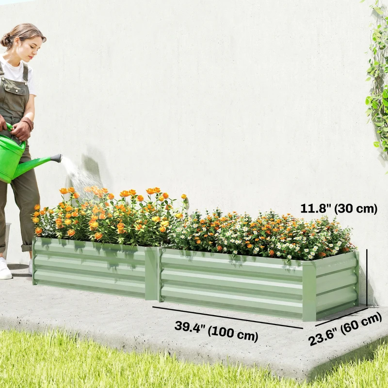 Outsunny Set of 2 Galvanized Raised Beds for Garden, Outdoor Planter Box for Flowers, Herbs and Vegetables, Light Green