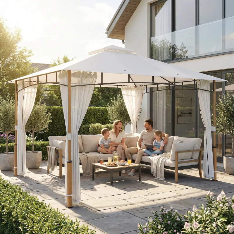 Outsunny 10' x 12' Patio Gazebo, UPF50+ Double Roof Outdoor Gazebo Canopy Shelter with Netting for Backyard, Patio, Cream White