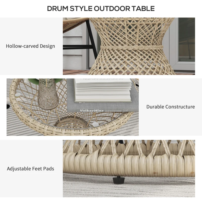 Outsunny Wicker Outdoor Coffee Table, 18" Round Drum-Style Outdoor Patio Table with Tempered Glass Top, Light Brown