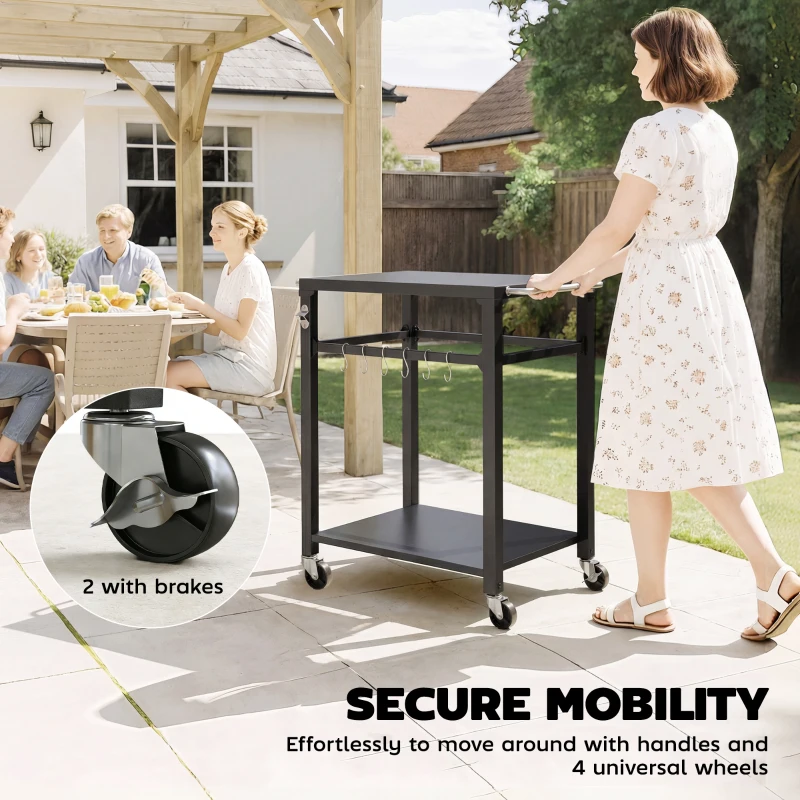 Outsunny Outdoor Grill Cart, Pizza Oven Stand with Steel Top, 2-Tier Kitchen Prep Station with Hooks, Handle, Wheels, Black