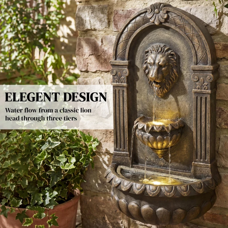 Outsunny 31" Wall-Mounted 3-Tier Outdoor Fountain, Cascading Waterfall Feature with LED Lights and Adjustable Flow, Rustic Brown