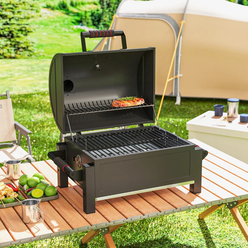Outsunny Tabletop Charcoal Smoker, Portable BBQ with Ash Catcher and Thermometer for Backyard, Camping, Picnic, Black