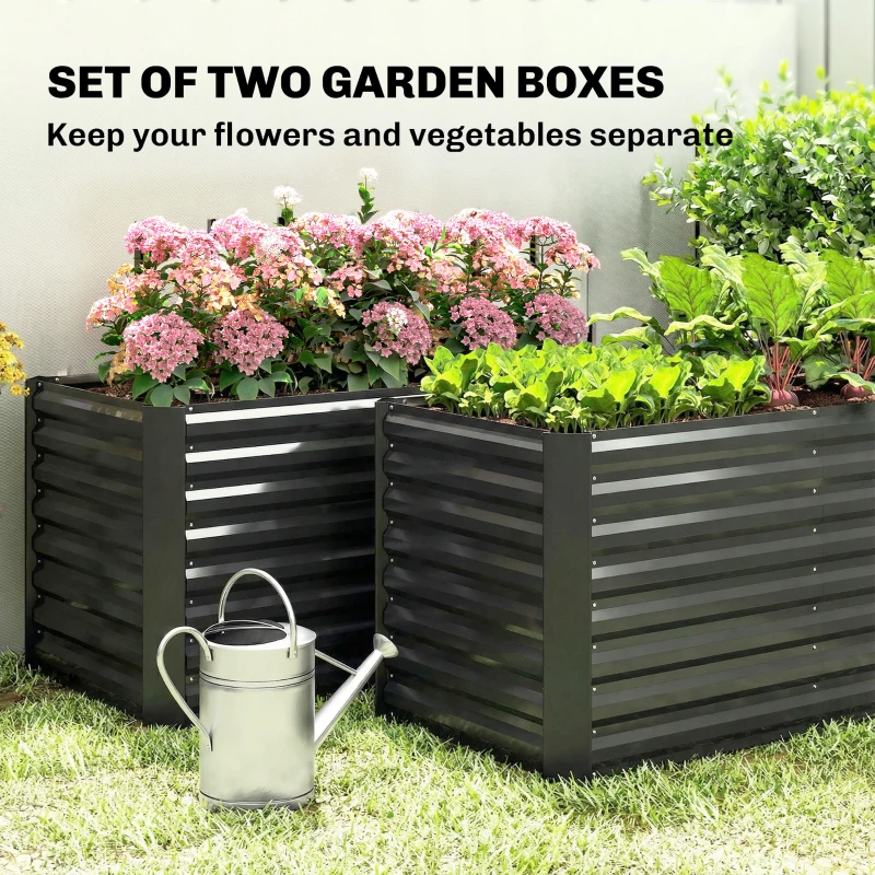 Outsunny Set of 2 Galvanized Metal Planters for Outdoor Plants, 4' x 2' x 2' Raised Garden Bed, Black