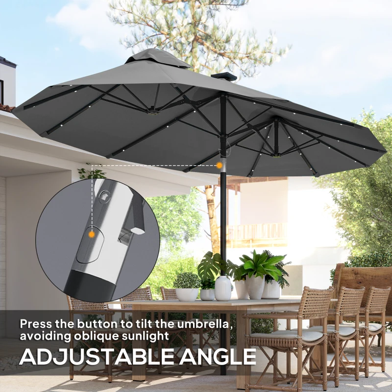 Outsunny Double-sided Patio Umbrella, 9.7' Outdoor Umbrella with Tilt and Crank, LED Solar Light and 12 Ribs, Gray
