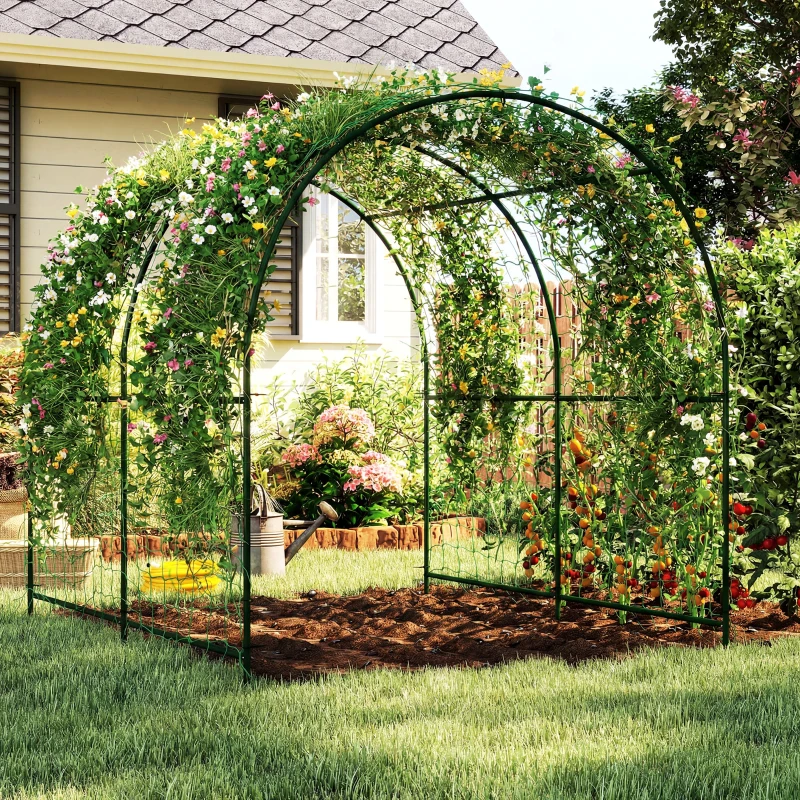 Outsunny Garden Arch Trellis for Climbing Plants Outdoor, 7.1FT Tall Cucumber Trellis with Climbing Net for Backyard, Lawn