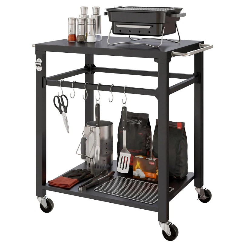 Outsunny Outdoor Grill Cart, Pizza Oven Stand with Steel Top, 2-Tier Kitchen Prep Station with Hooks, Handle, Wheels, Black