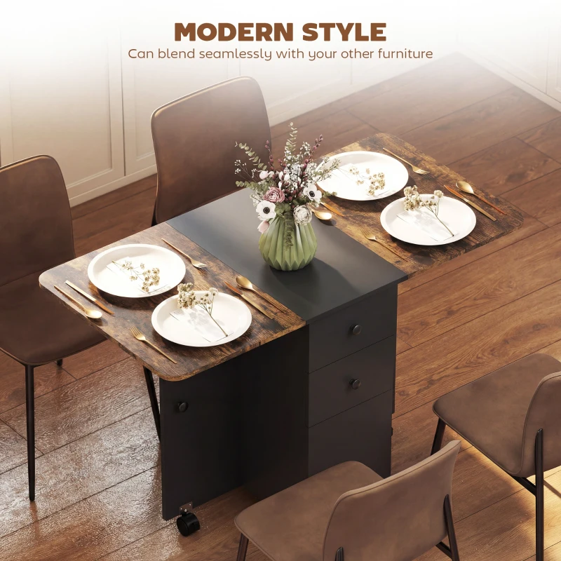 HOMCOM Drop Leaf Dining Table, Mobile Folding Table on Wheels with Drawers and Cabinet for Dining Room, Rustic Brown and Black