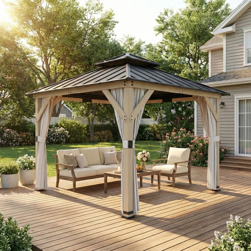 Outsunny 10' x 10' Outdoor Hardtop Gazebo with Double Steel Roof, Wood Patio Gazebo with Curtains, Hook, Light Grey