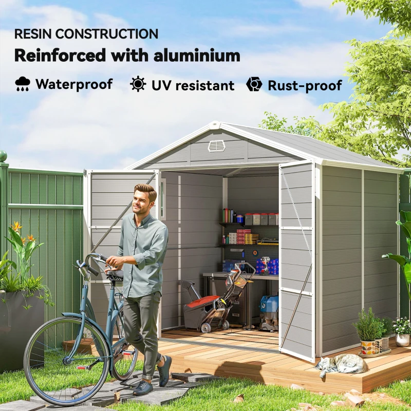 Outsunny 8' x 6' Plastic Garden Storage Shed with Latch Door, Vents, Sloped Roof, Light Grey