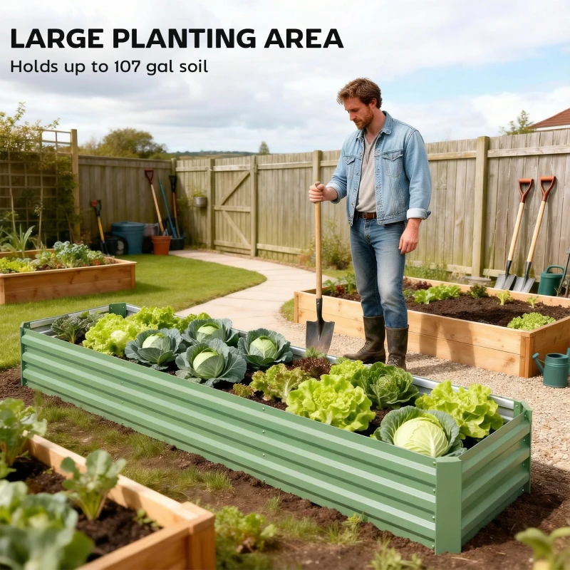 Outsunny 8'x2'x1' Galvanized Raised Bed, Large Elevated Planter Box for Growing Flowers, Herbs and Vegetables, Light Green