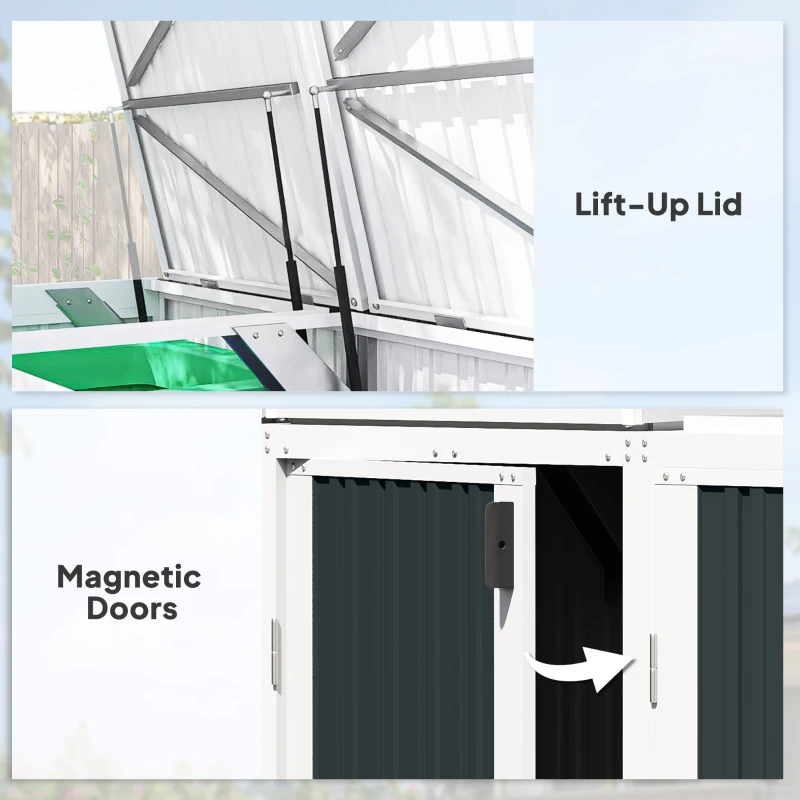 Outsunny Outdoor Storage Shed Rustproof Garbage Bin Shed with Gas Struts Magnetic Doors for 3 Bins White and Grey