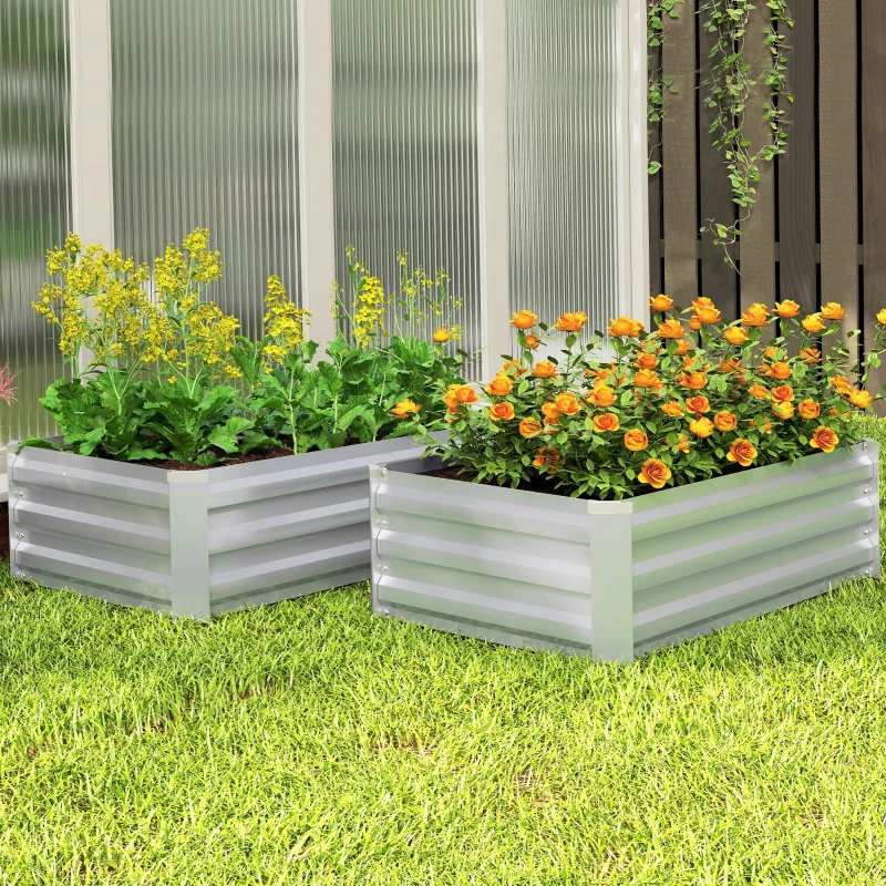 Outsunny Set of 2 Galvanized Raised Beds for Garden, Outdoor Planter Box for Flowers, Herbs and Vegetables, Grey